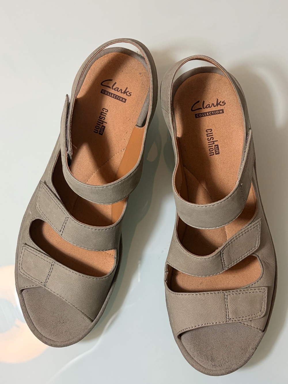 Clarks Sand/Taupe Triple-Strap Nubuck Wedge Sandals